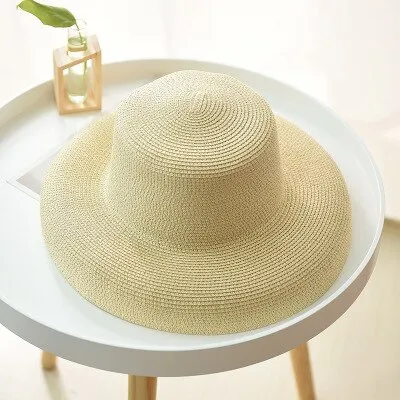 Flat top big curled sun hat retro wild breathable straw hat outdoor travel sun hat net red hat female summer Beige - Shop at LoveMi