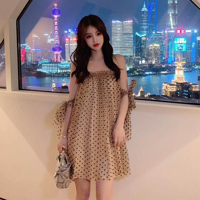 Summer new word shoulder wave point mesh dress tube top strapless fluffy strap beach skirt female