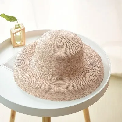 Flat top big curled sun hat retro wild breathable straw hat outdoor travel sun hat net red hat female summer Enamel Pink - Shop at LoveMi