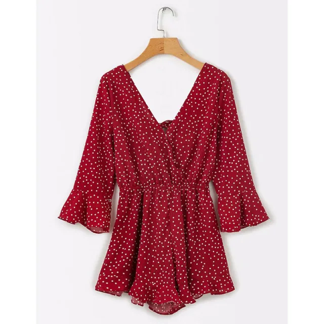 Flare sleeve ruffled wave point jumpsuit ladies casual shorts Red - Shop at LoveMi