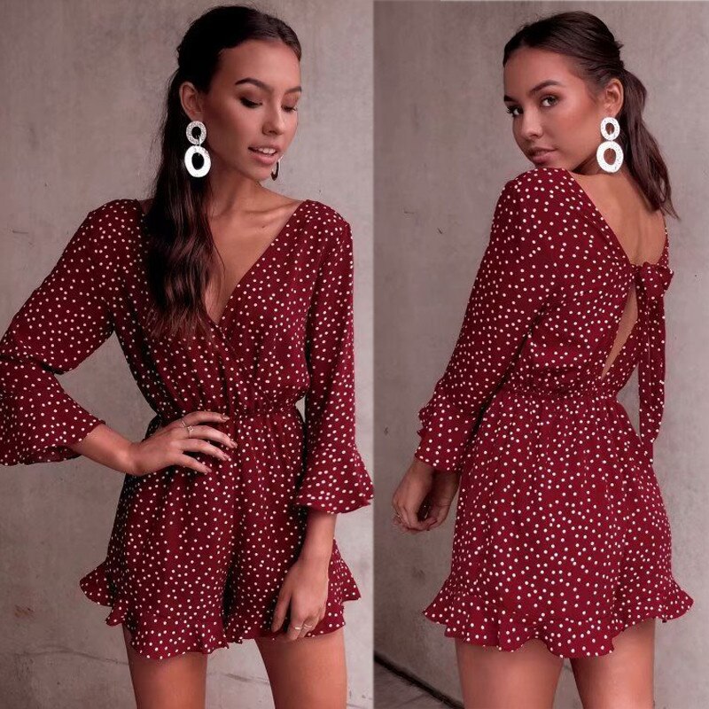 Flare sleeve ruffled wave point jumpsuit ladies casual shorts