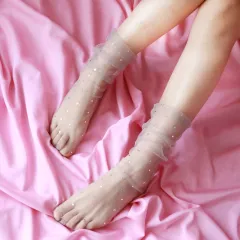 Very beautiful star socks spring and summer thin transparent pentagonal star sequins lace pile socks Korean screen socks - Grey - View 1