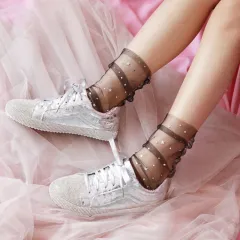 Very beautiful star socks spring and summer thin transparent pentagonal star sequins lace pile socks Korean screen socks - Black - View 1