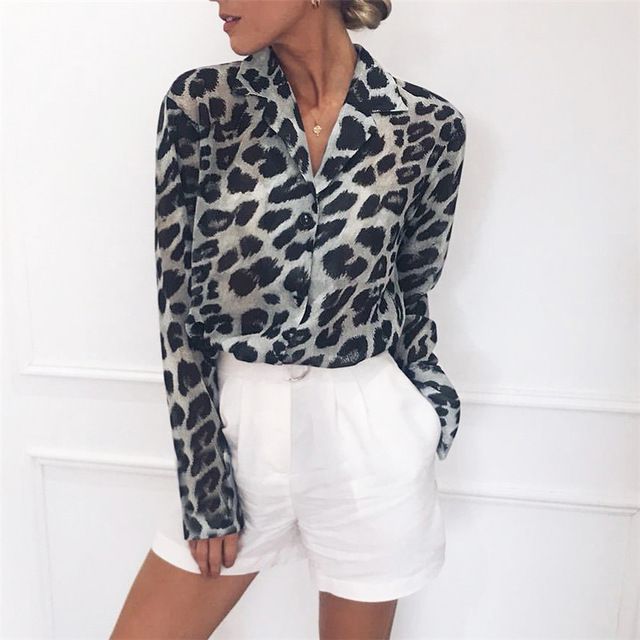 Chiffon shirt long sleeve sexy leopard casual shirt