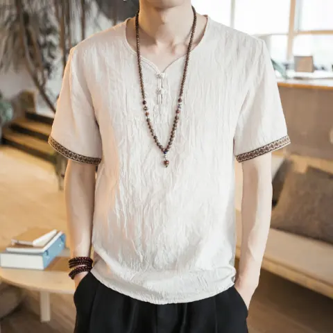 Chinese Style Embroidery Buckle Short Sleeves Thin Section Linen