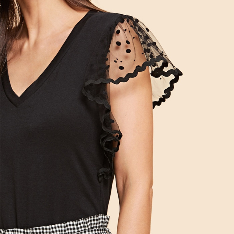 Amazon Aliex Summer Explosion Solid Color Splicing Mesh Flocking V-neck Short Sleeve Spot Cross-border