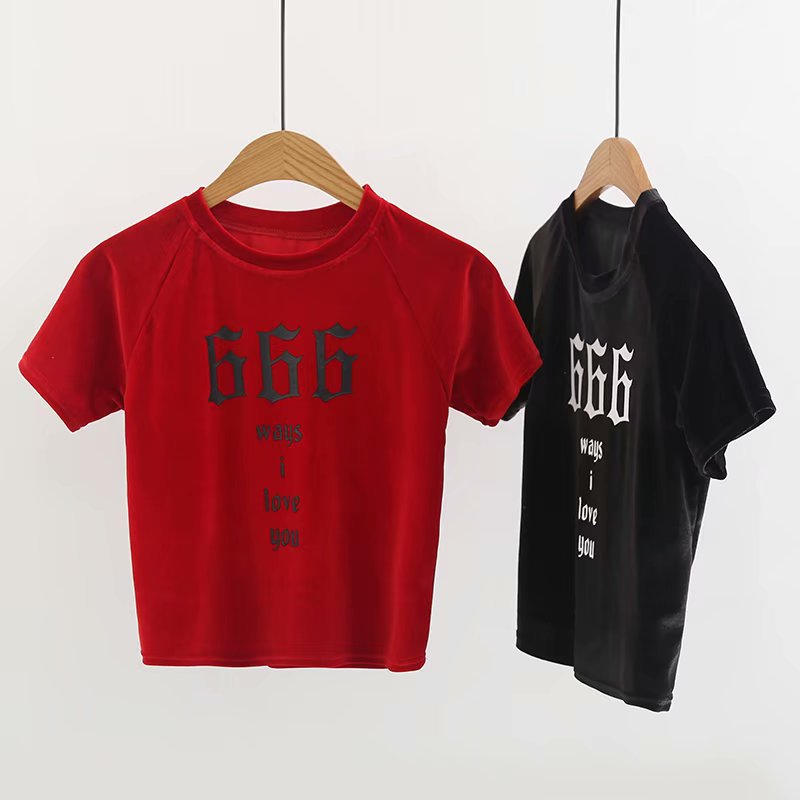 666 velvet printed high waist short paragraph navel sexy short-sleeved T-shirt female
