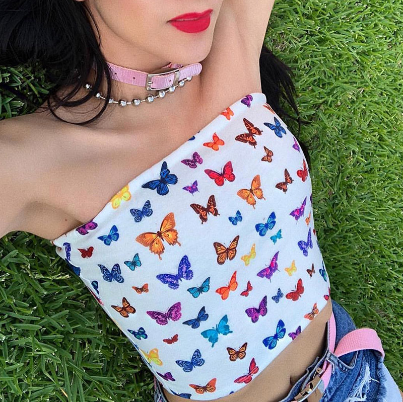 One-word collar butterfly print wrapped chest T-shirt vest female