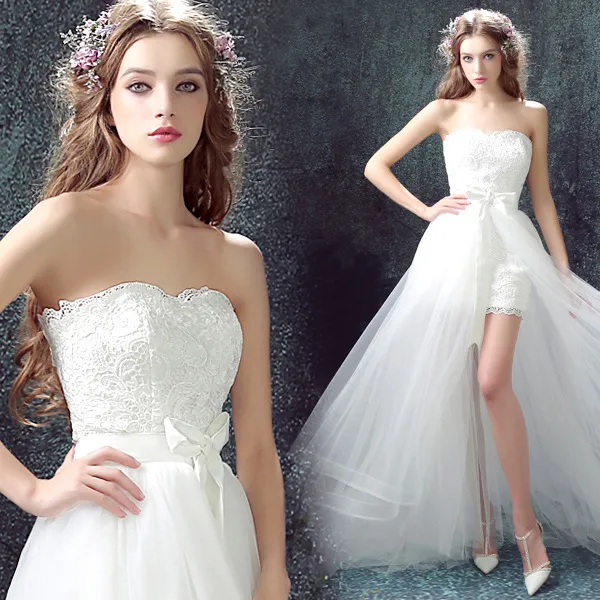 Sexy Detachable Skirt Mermaid Tulle Lace Appliques Short Wedding Dress New Wedding Dresses White - Shop at LoveMi