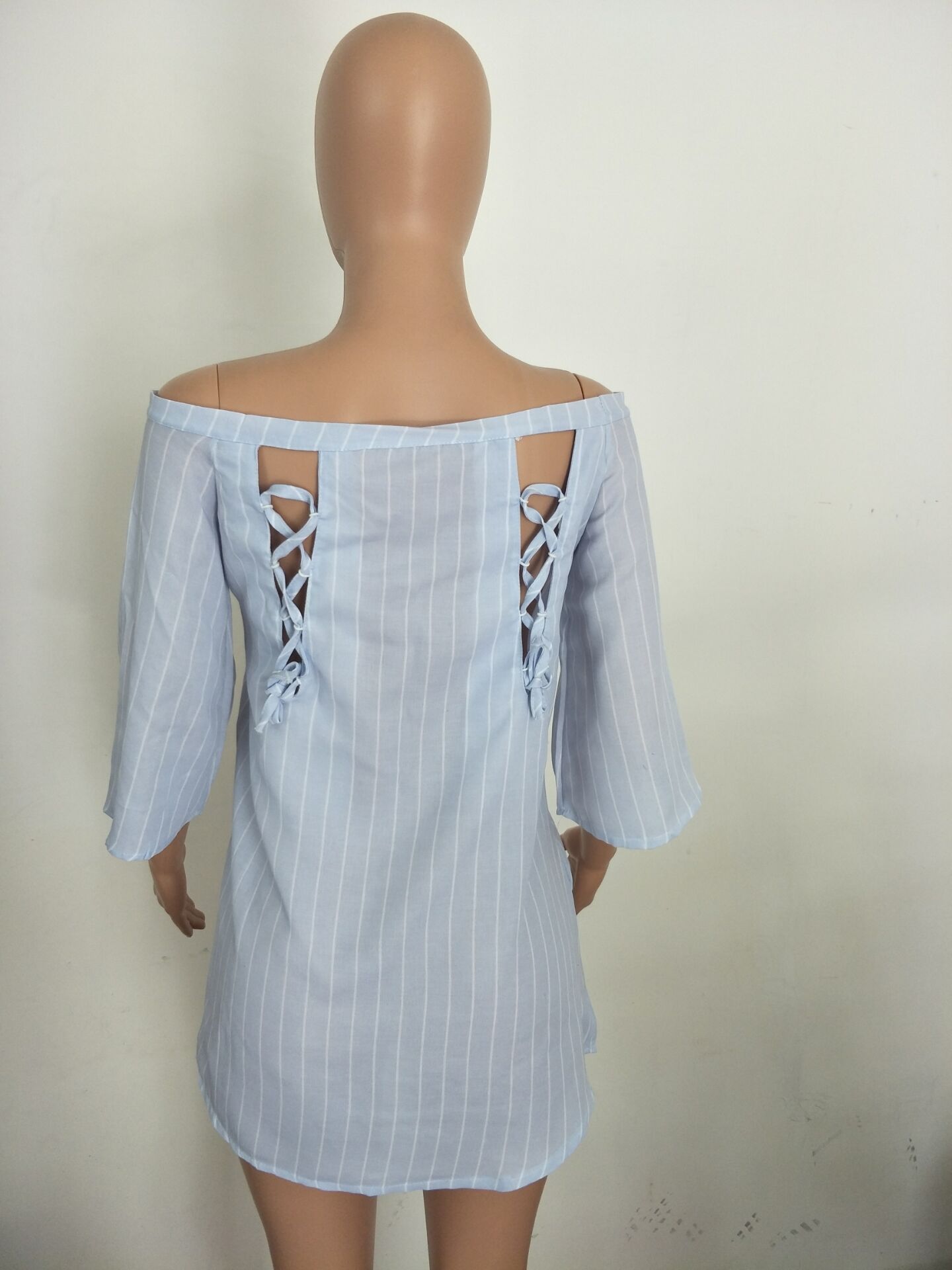 Open-back stitching striped linen cotton dress