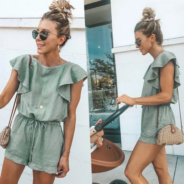 Ruffled pocket lace up women's jumpsuit Green - Shop at LoveMi