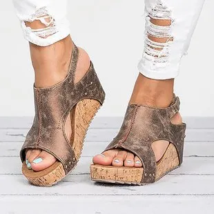 Roman Sandals Female Fish Mouth Thick Bottom Wedges Shoes Women Brown - Shop at LoveMi
