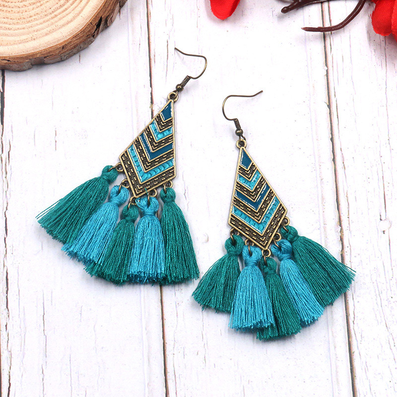 Geometric diamond stripes long tassel earrings