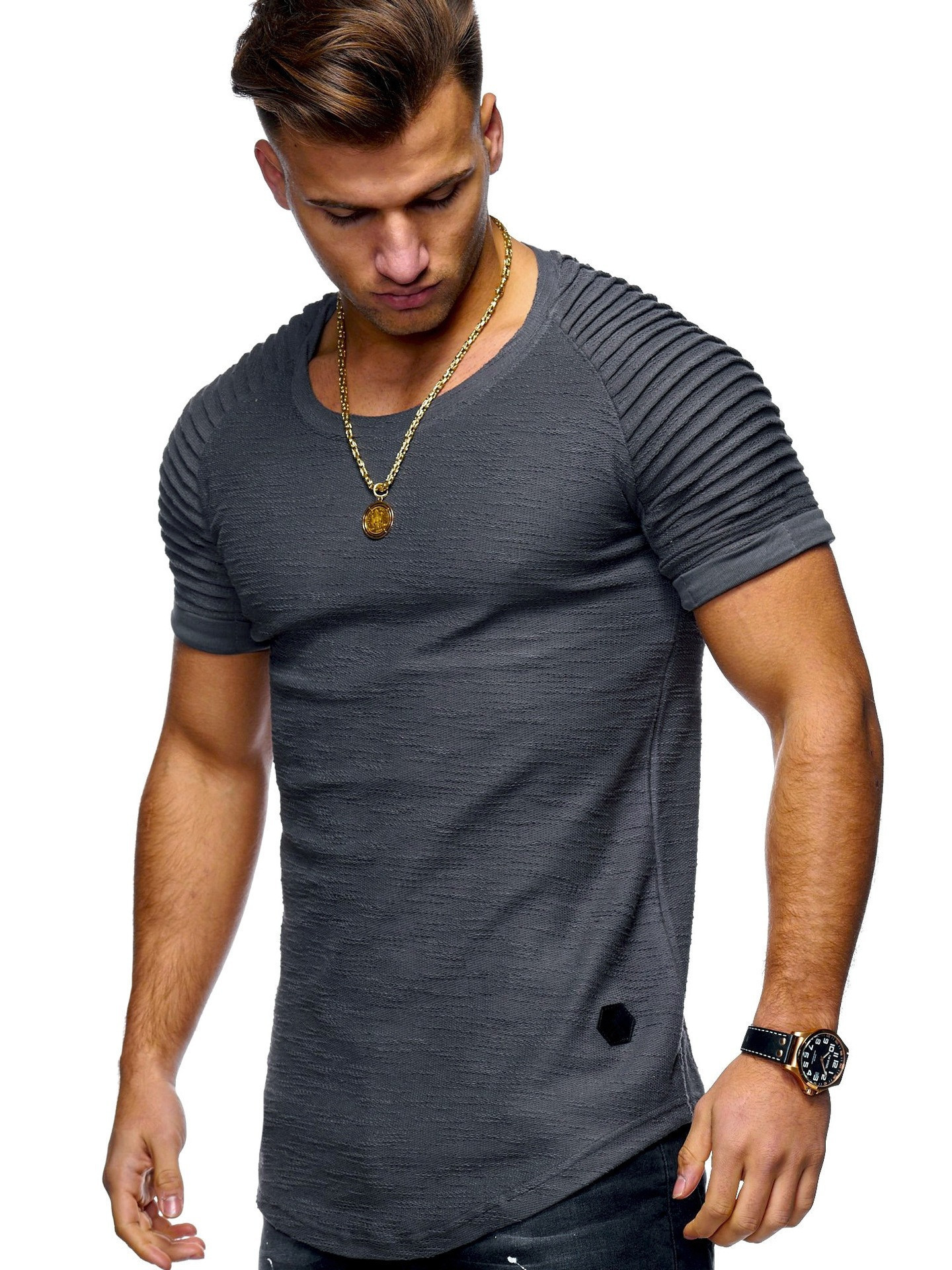 Round neck pleated raglan sleeves solid color men's short T-shirt