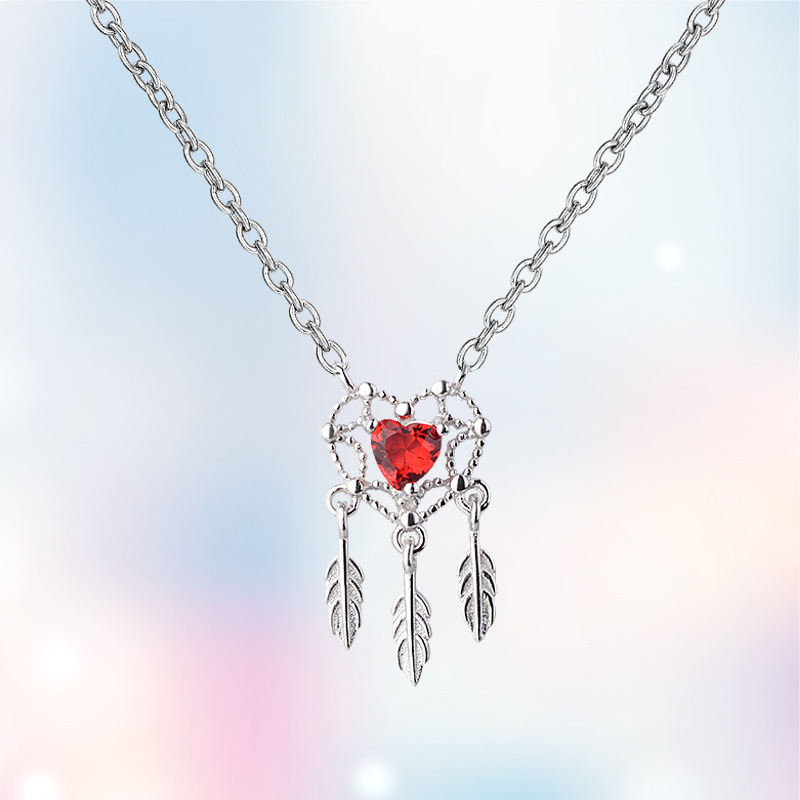Peach Heart Dreamcatcher Feather Necklace Clavicle Chain