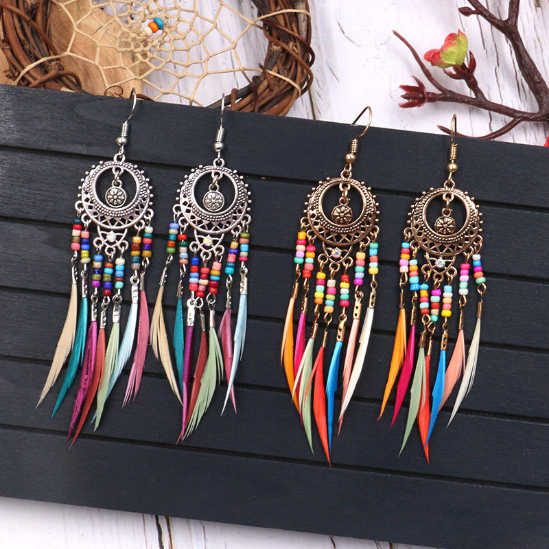 European and American personality exaggerated hollow oval colorful rice beads feather earrings