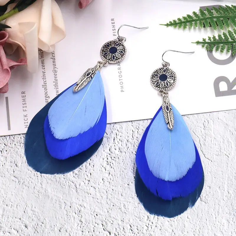 Colorful sun flower multi-layer feather tassel earrings earrings