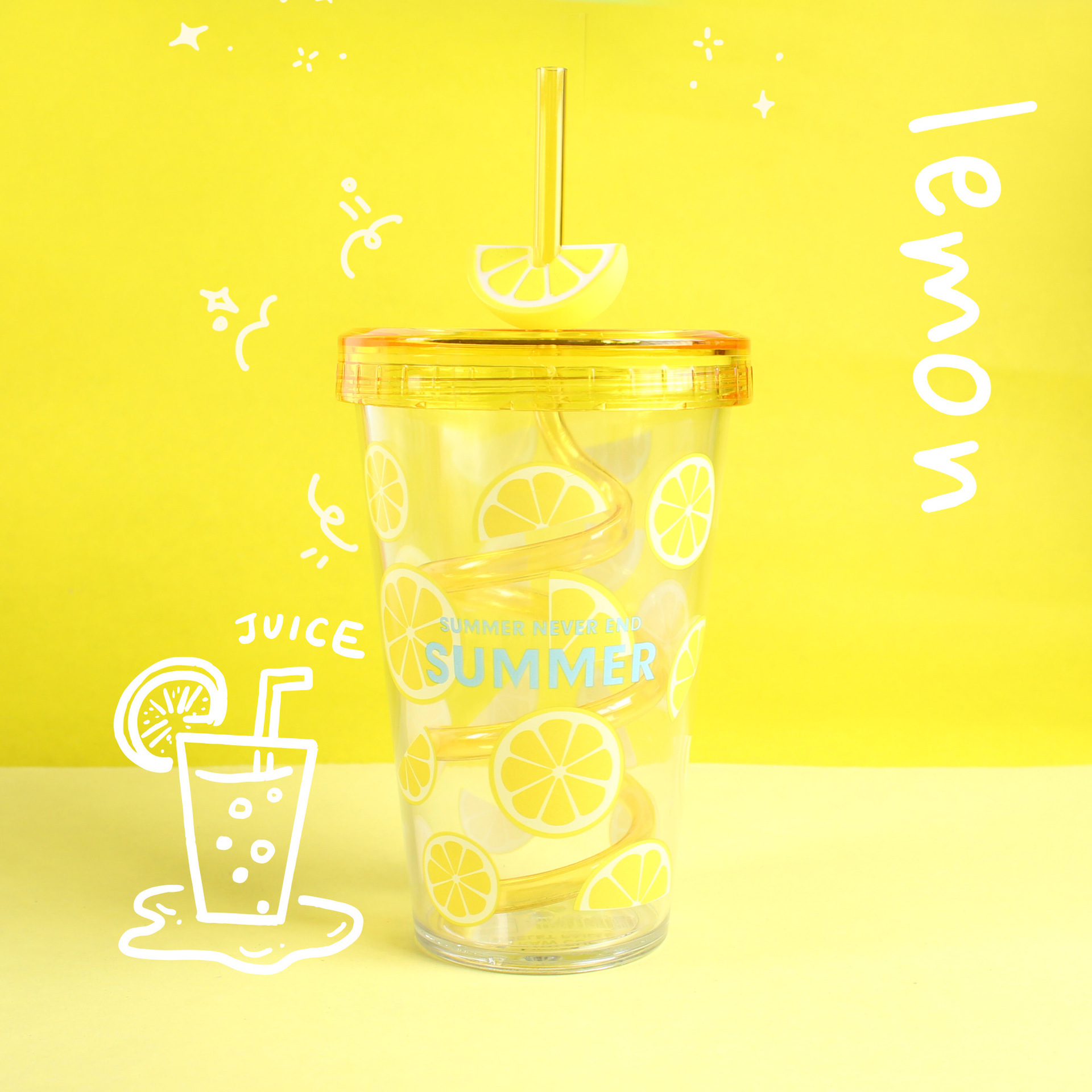 Children's Plastic Swivel Straw Fruit Printing Cup