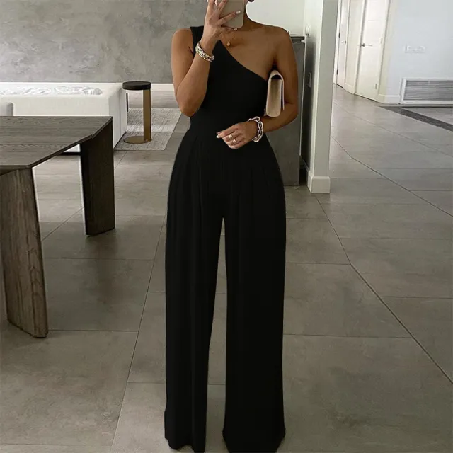 One shoulder Sleeveless Asymmetric Casual Jumpsuit Solid Color Jumpsuit Black - Shop at LoveMi