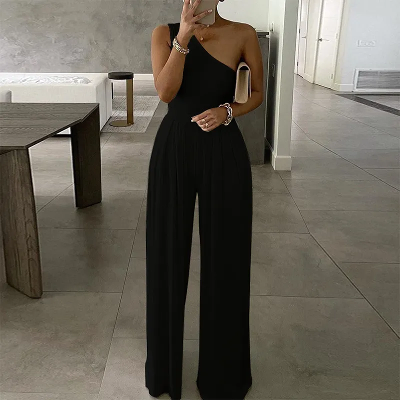 One-shoulder Sleeveless Asymmetric Casual Jumpsuit Solid Color Jumpsuit - Black