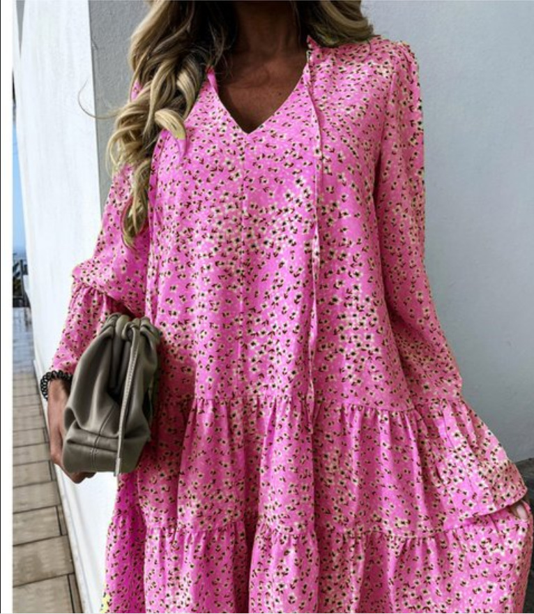 New Women's Small Chrysanthemum Long Sleeve Long Dress