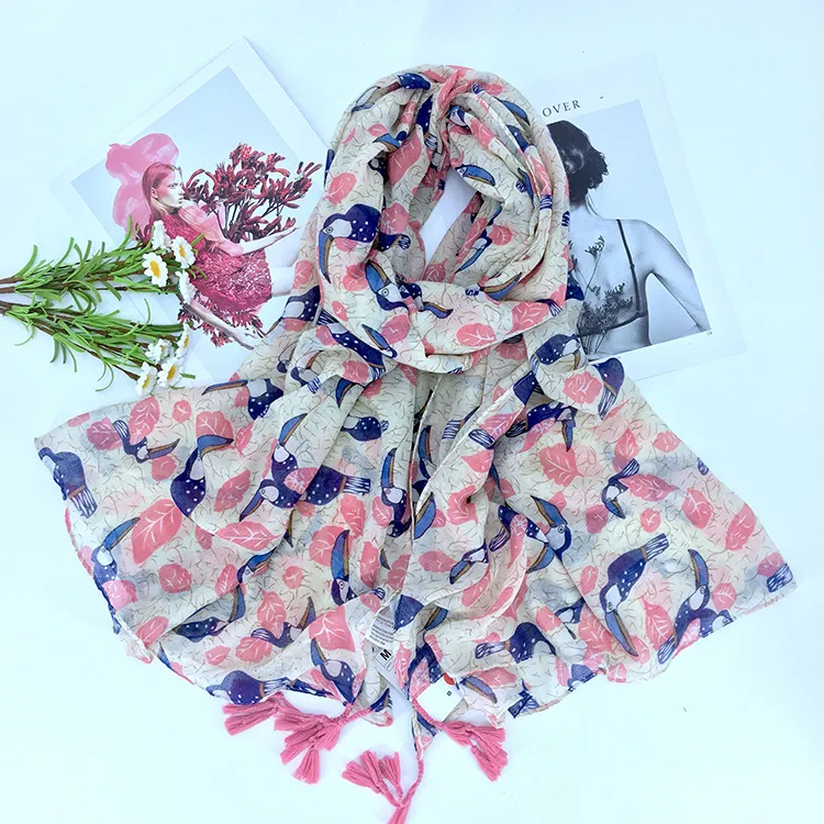 Printed bird cotton scarf - Red