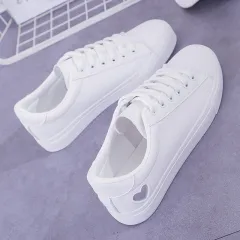 Fashion New Woman PU Leather Shoes Ladies Breathable Cute Heart Flats Casual Shoes White Sneakers - Silver - View 1