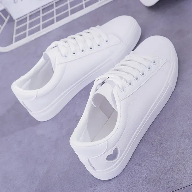 Fashion New Woman PU Leather Shoes Ladies Breathable Cute Heart Flats Casual Shoes White Sneakers Silver - Shop at LoveMi