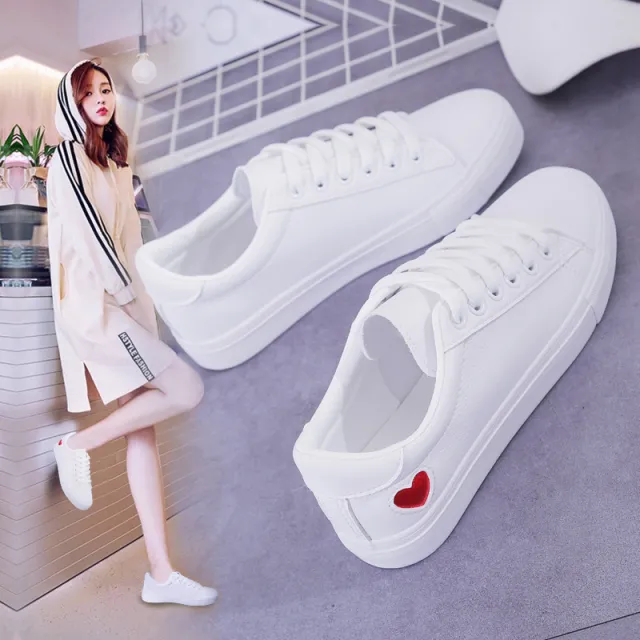 Fashion New Woman PU Leather Shoes Ladies Breathable Cute Heart Flats Casual Shoes White Sneakers Red - Shop at LoveMi