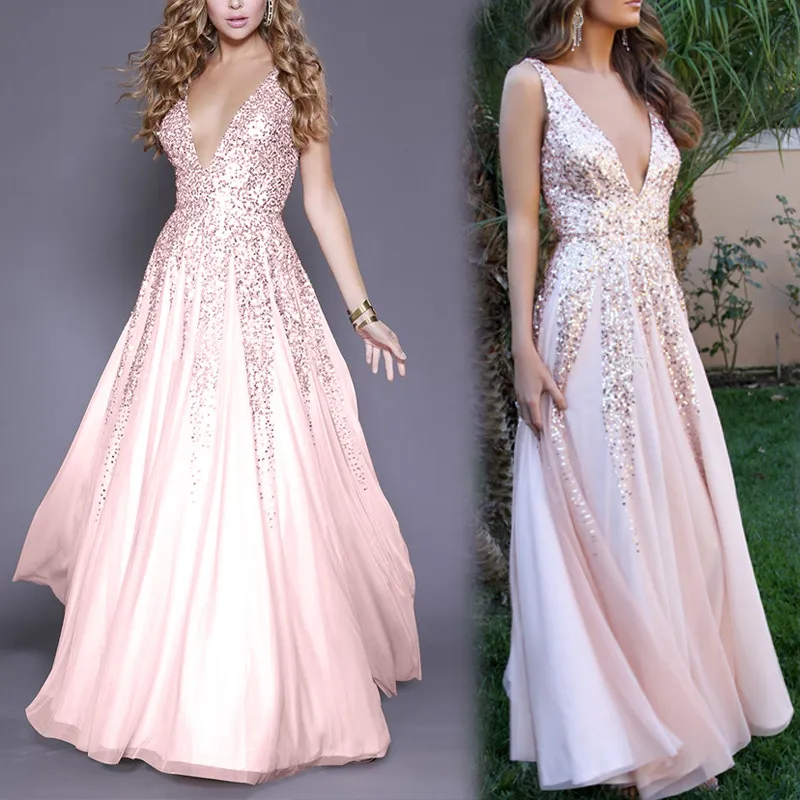 V-neck sequined sleeveless evening dress - Pink