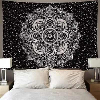 Indian Mandala Tapestry Wall Hanging Sandy Beach Throw Rug Blanket Camping Tent Travel Mattress Bohemian Sleeping Pad Tapestries - Star Black