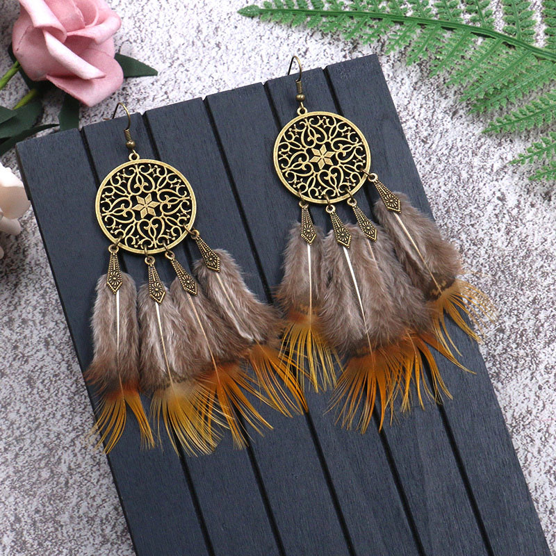 Big ring love coffee color feather earrings