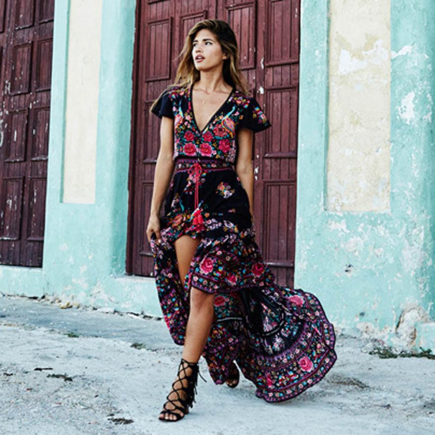 Boho Ethnic Folk Print Elastic Women