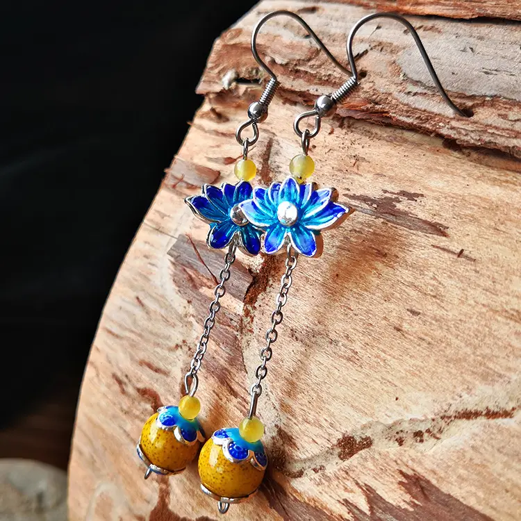 Ethnic Style Dangle Earrings with Ceramic Jade Beads and Flower Accents — Yellow