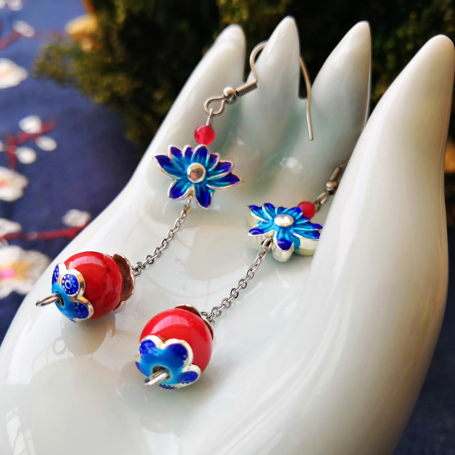Ethnic Style Dangle Earrings with Ceramic Jade Beads and Flower Accents