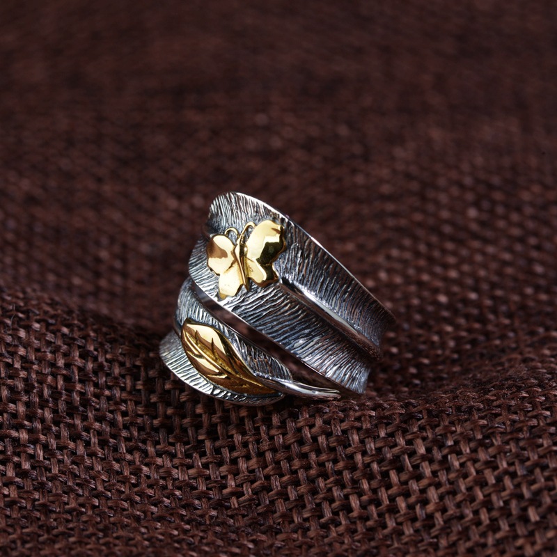 Male and female feather butterfly ring