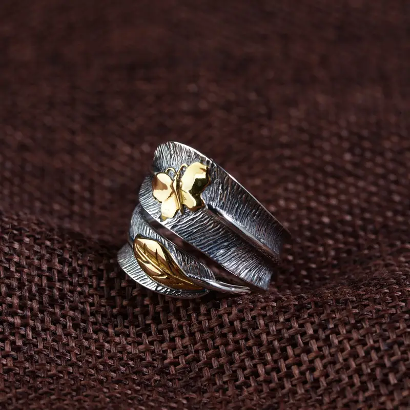 Male and female feather butterfly ring