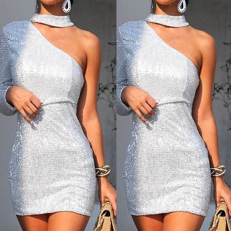 Off-the-shoulder silver silk hip dress