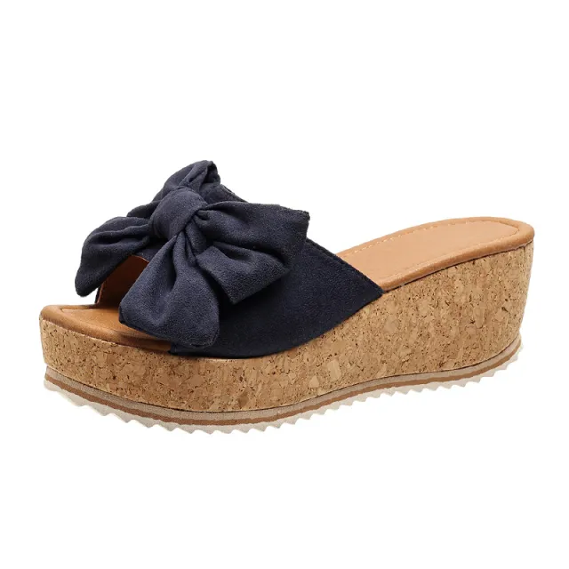 Fashion Bow Leopard Print Wedge Slippers For Women New Thick sole High Heel Flat Shoes Summer Outdoor Fish Mouth Slippers Blue - Shop at LoveMi