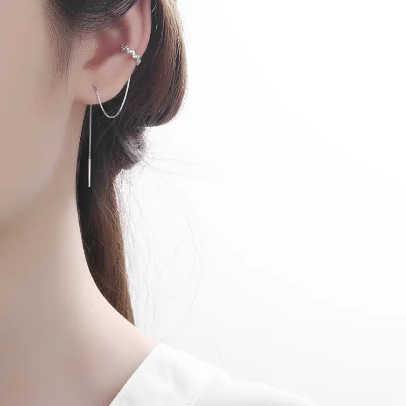 Wavy Ear Cuff and Chain Drop Earrings with Cubic Zirconia