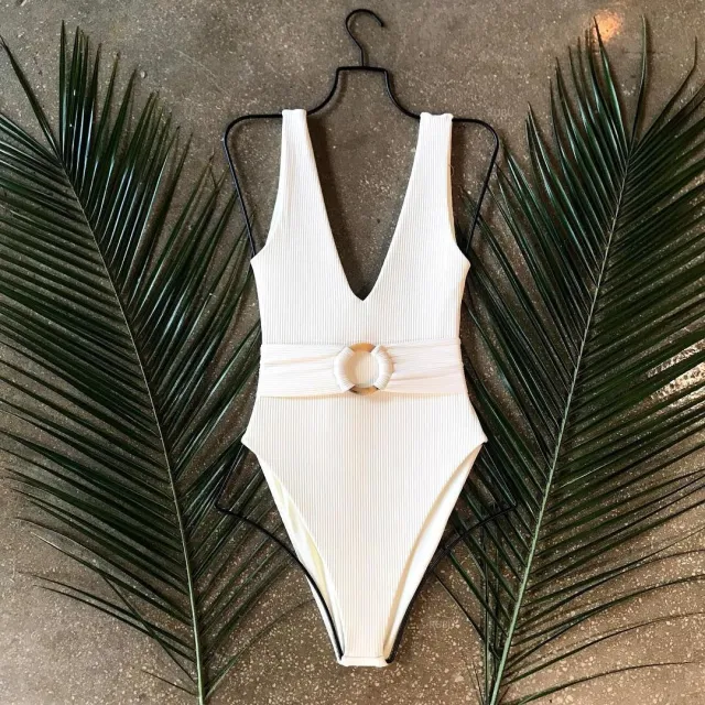 Belt ring one piece swimsuit White - Shop at LoveMi