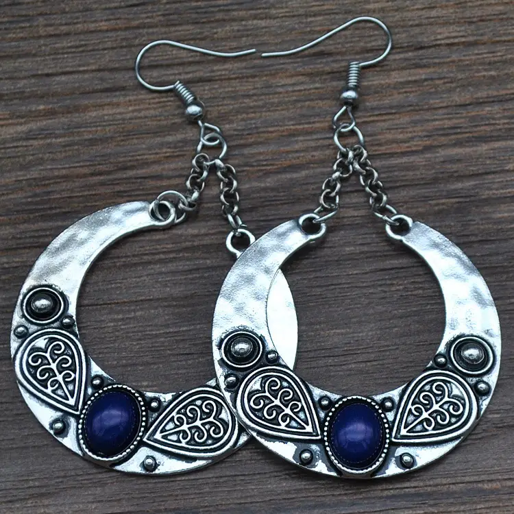 Bohemian Crescent Pendant Earrings with Resin Inlay
