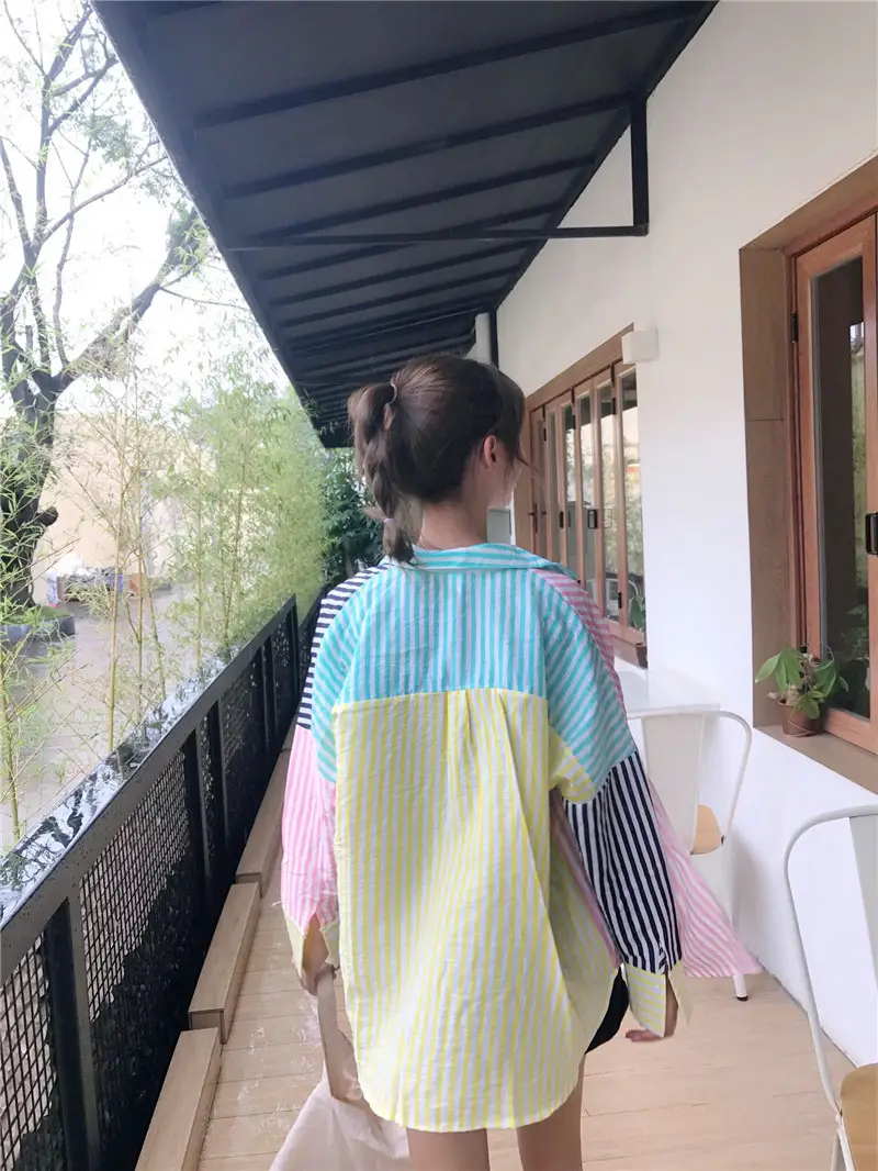 Colorful striped lapel long sleeve cotton and linen shirt