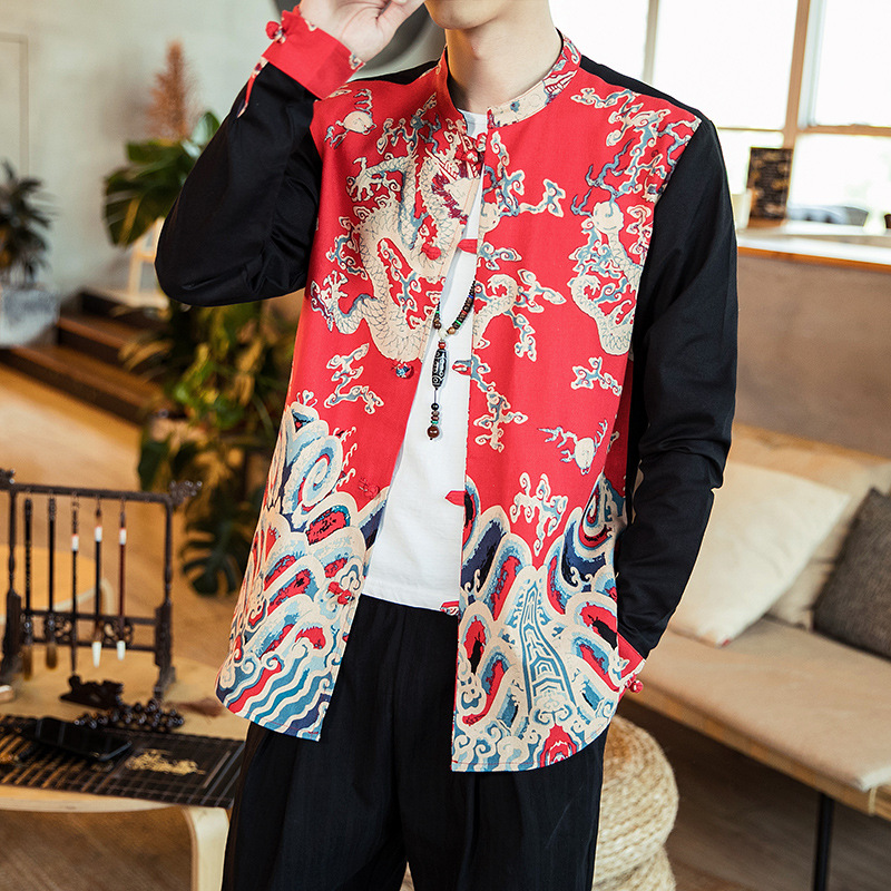 Vintage button print men's long sleeve shirt