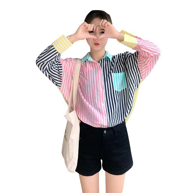 Colorful striped lapel long sleeve cotton and linen shirt