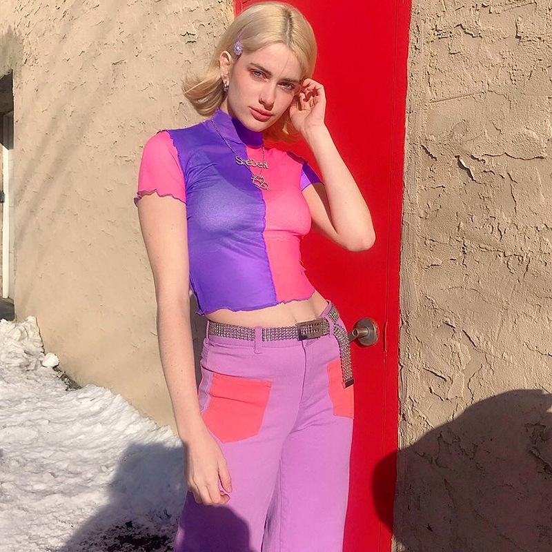 Two-tone stitching mesh short-sleeved top