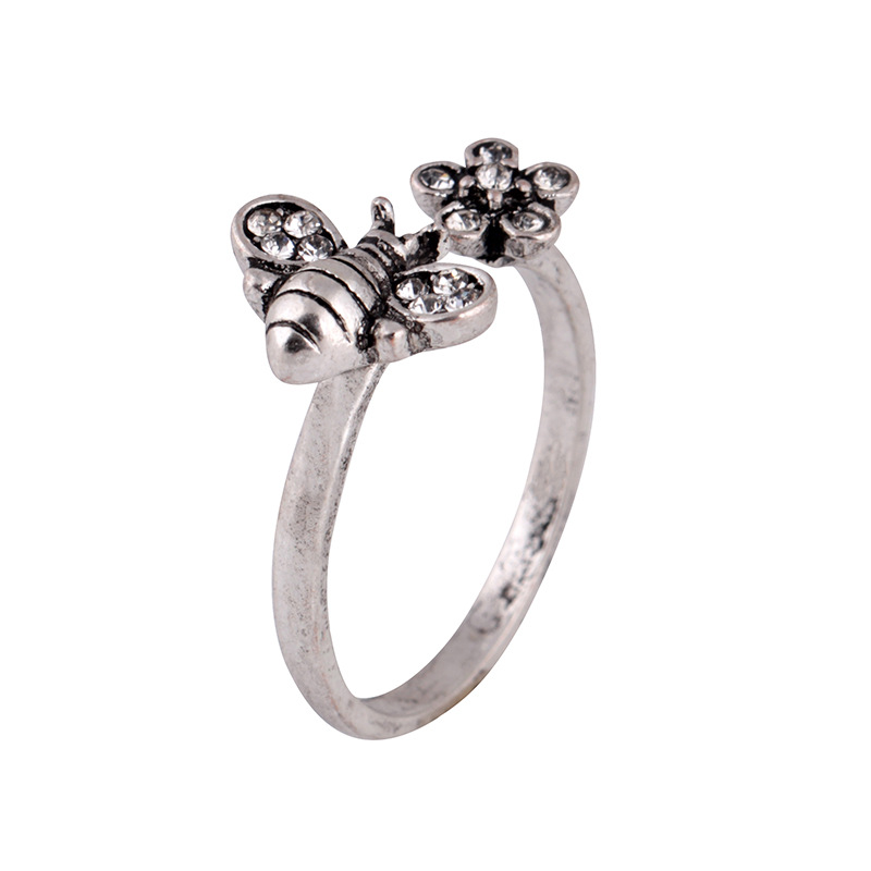 Cute temperament diamond flower bee opening ring ring