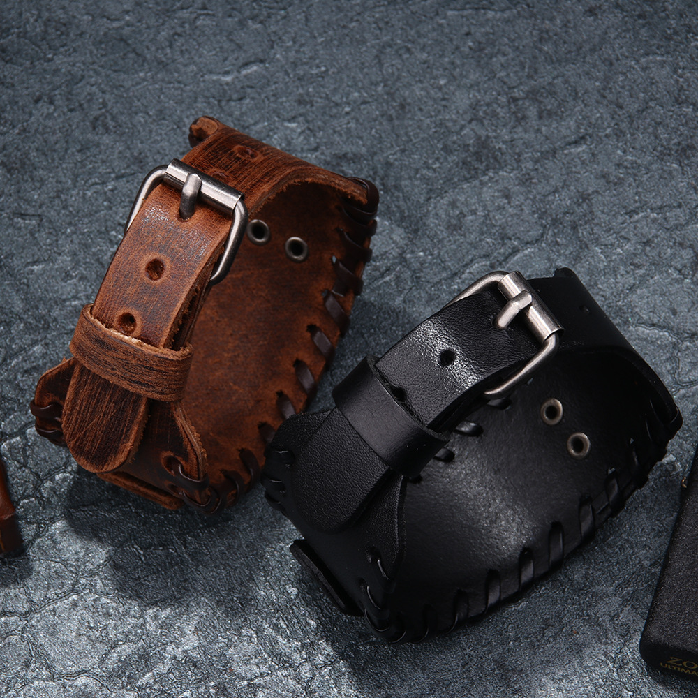 Men's Wolf Head Wide Leather Bracelet