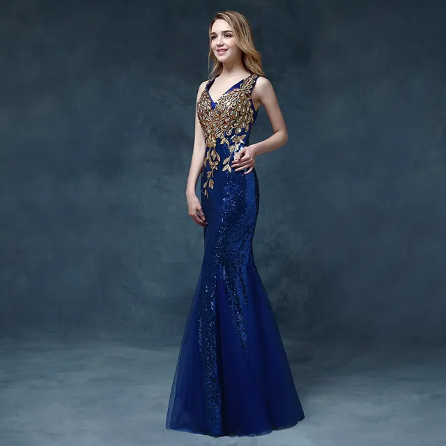 V neck shoulder fishtail skirt Blue - Shop at LoveMi