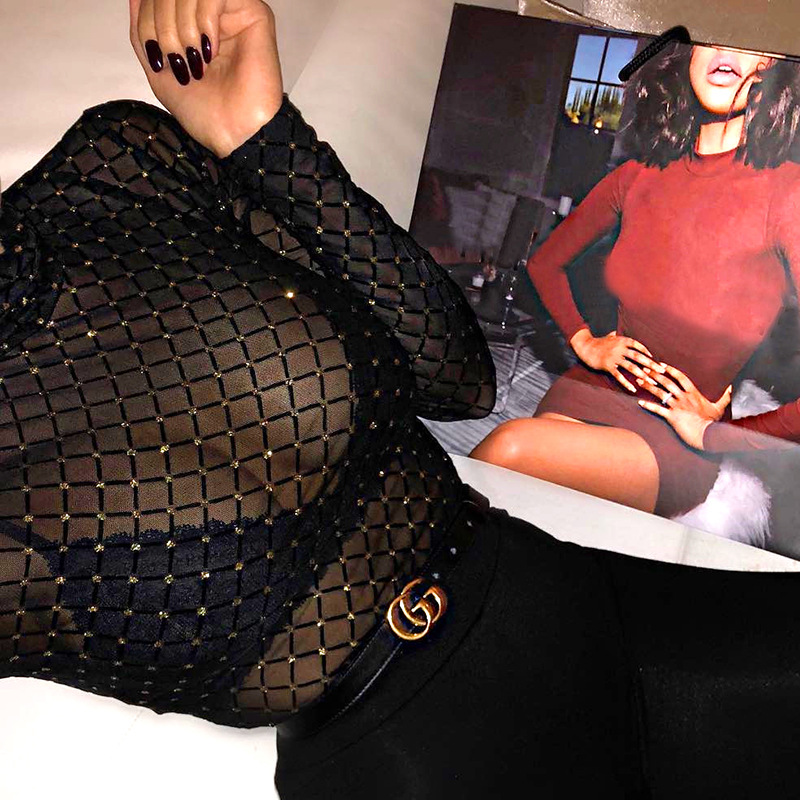 Perspective mesh half-high collar bottoming shirt